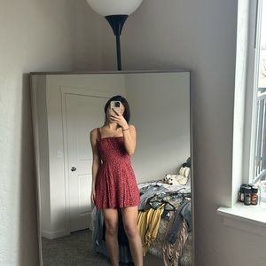 Deep red floral print dress, low cut back